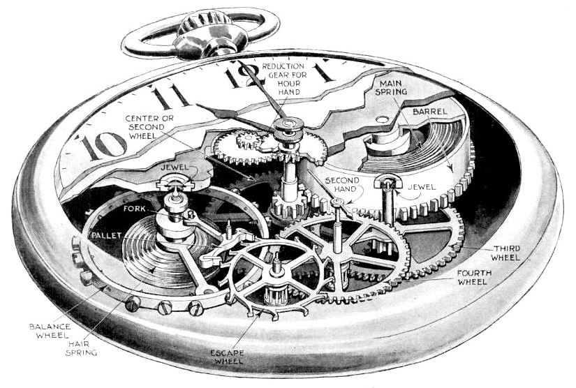 Image of a cutaway pocket watch. Link to Antique Watch Glossary.