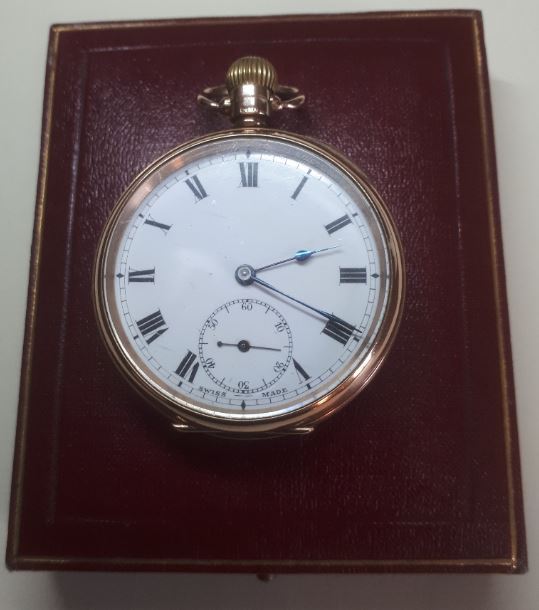 Rose gold pocket watch by Sir john Bennett, with original box.