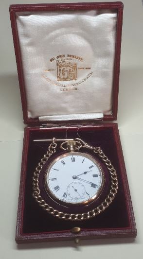 Image of rose gold pocket watch. Link to antique Sir John Bennett pocket watch.