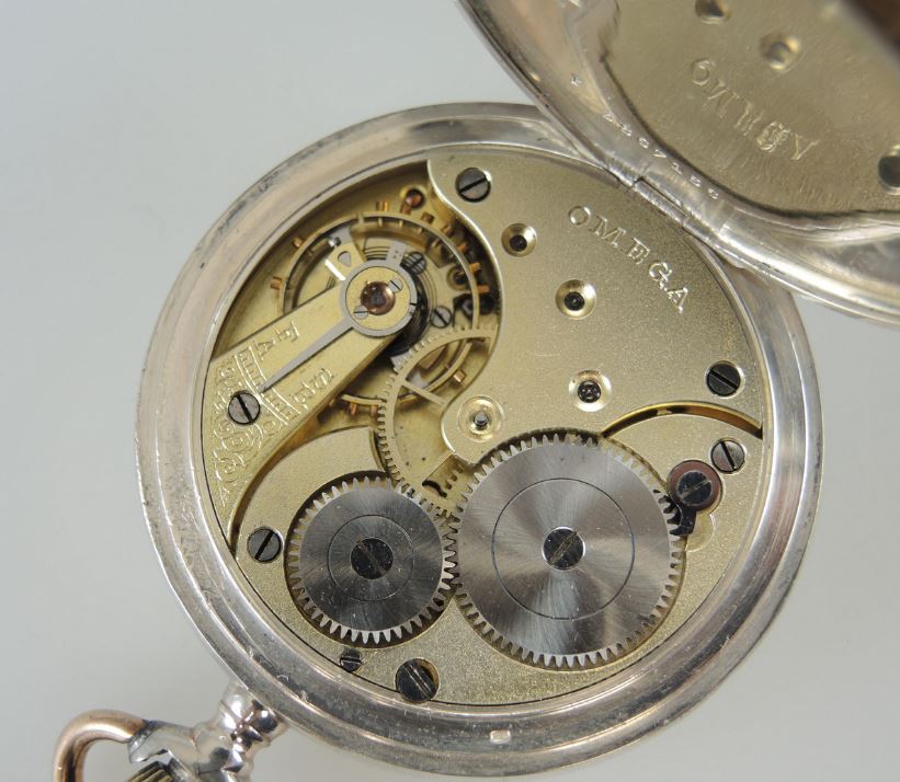 Antique silver omega pocket watch, movement.
