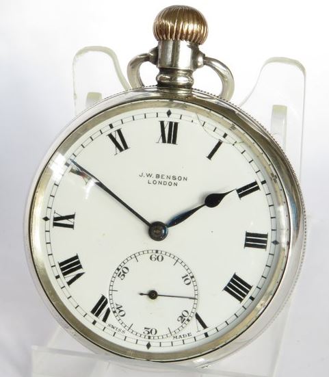 Silver Revue pocket watch for J W Benson, 1912.