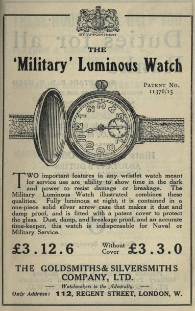 Goldsmiths trench watch advertisement.